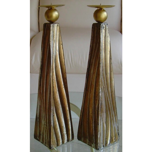 Tall Faux Wood Metallic Candle Holders - Set of 3 For Sale - Image 4 of 13