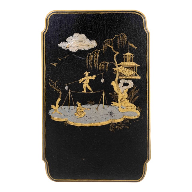 Vintage Black and Gold Chinoiserie Wooden Wall Plaque For Sale