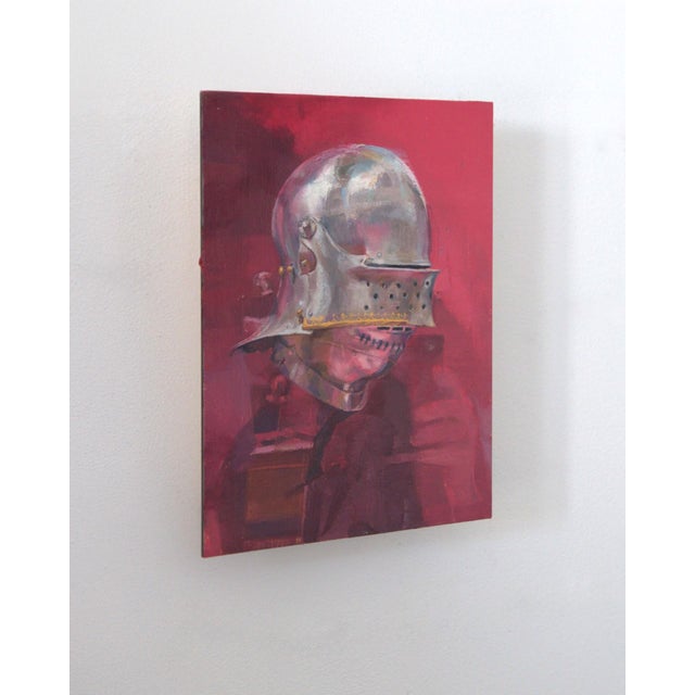 This oil on panel artwork captures a reflective moment as a knight, partially obscured by a polished helmet, gazes into a...