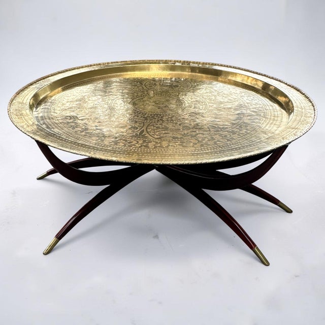 1960s Mid-Century Chinoiserie 45 Inch Hand-Etched Brass Tray Coffee Table on Teak Spider Base. For Sale - Image 5 of 11