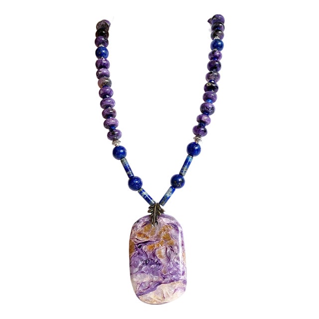 Statement Charoite and Lapis Lazuli Necklace With Sculptural Charoite Pendant a Wearable Work of Art For Sale