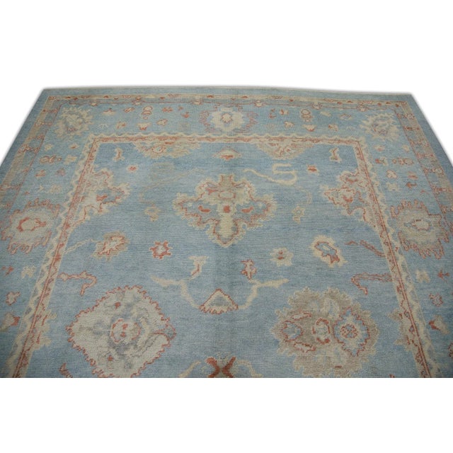 Early 21st Century Blue Handwoven Wool Turkish Oushak Rug in Red Floral Pattern 8'4" X 10'2" For Sale - Image 4 of 7
