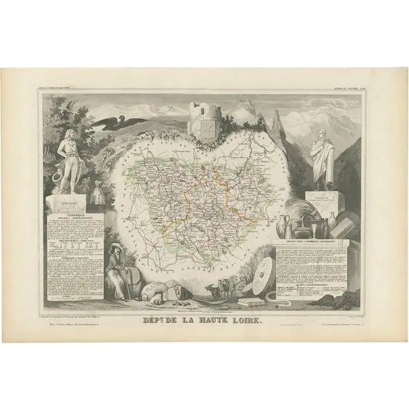 Antique Map of Haute Loire in France by V. Levasseur, 1854 For Sale