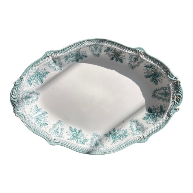 Antique English Green and White Oval Serving Platter For Sale