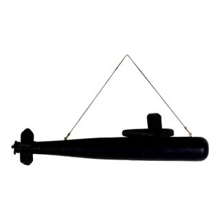 Unique Folk Art Primitive Hand Made Wooden Submarine in Charcoal Black, Wall Hanging Sculpture For Sale