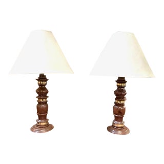 Pair of Mid Century Wood and Brass Lamps For Sale