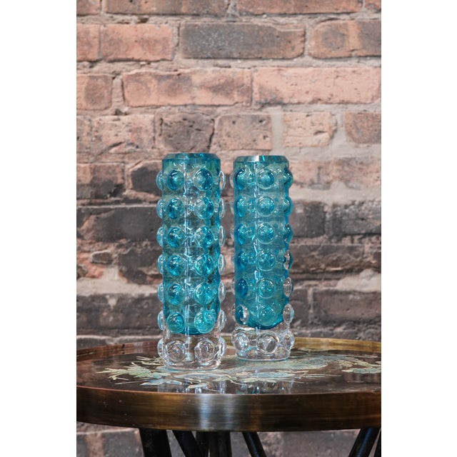 Pair of 1960s Turquoise Bubble Glass Vases Attributed to Skruf of Sweden For Sale - Image 4 of 5