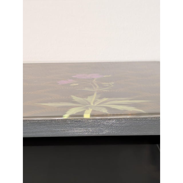 Moody Botanical Functional Art | Vintage Nightstand Pair | Hand-Decorated | Resin Top | Hairpin Legs For Sale - Image 10 of 11