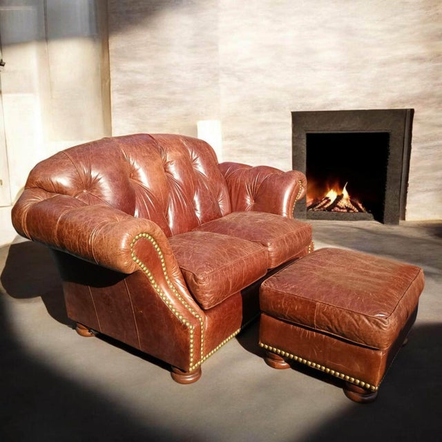 Elevate Your Living Space With the Timeless Elegance of This Thomasville Chesterfield Leather Sofa and Matching Ottoman. For Sale - Image 9 of 9