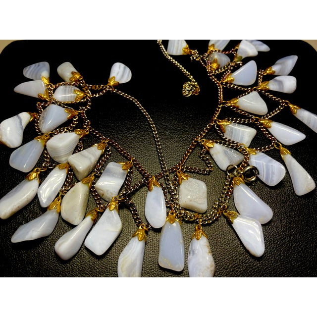 Blue lace agate bib necklaces, multi tier tassel chained necklace, from the Mid-Century Modern period, this necklace...