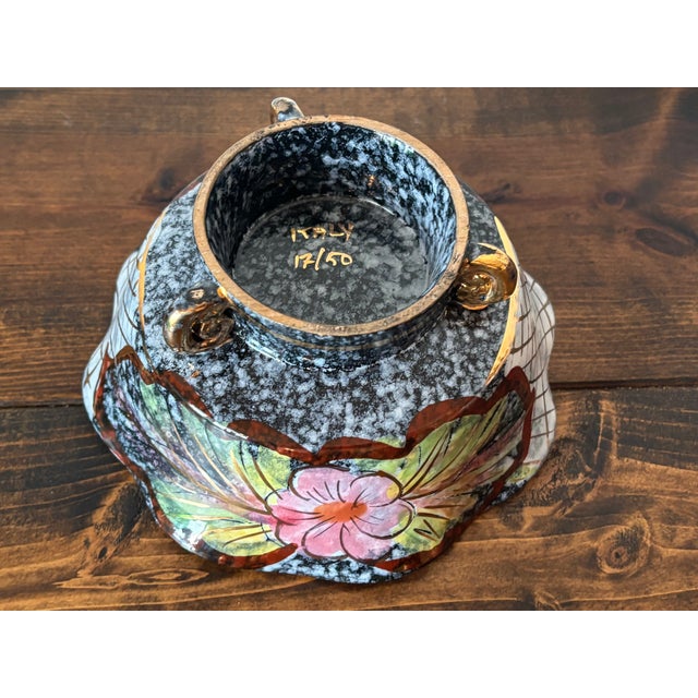 Black Mid 20th Century Italian Hand Painted Glossy Dish With Florals For Sale - Image 8 of 8