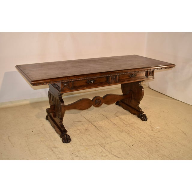 Wood Italian Walnut Trestle Library Table, Circa 1920 For Sale - Image 7 of 12
