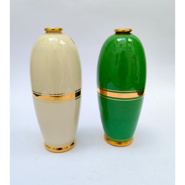 2 ceramic bottles Pucci, Umbertide, model C/664, both marked under the base Vintage, mid-century era One beige with gold...