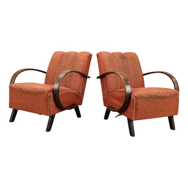 Czechoslovak Lounge Chairs in Orange Upholstery by Jindřich Halabala, 1930s, Set of 2 For Sale