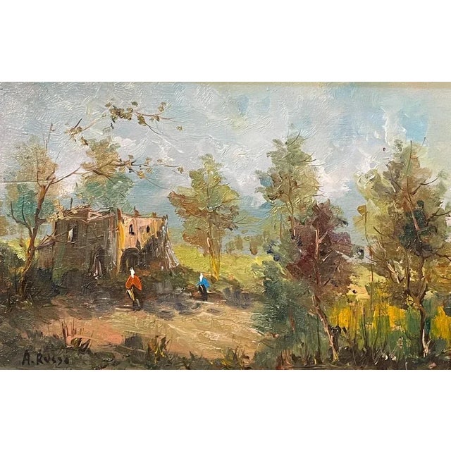 Oil on panel, rural landscape, 20th century, Russo Refined painting depicting a countryside scene with figures, signed...