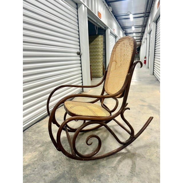 Mid-Century Modern Thonet Bentwood Rocking Chair With Hand Caned Seat | Poland For Sale - Image 3 of 6