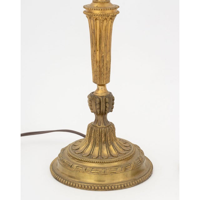 Pair of Louis XVI Style Gilt Brass Candlestick Lamps For Sale - Image 4 of 6