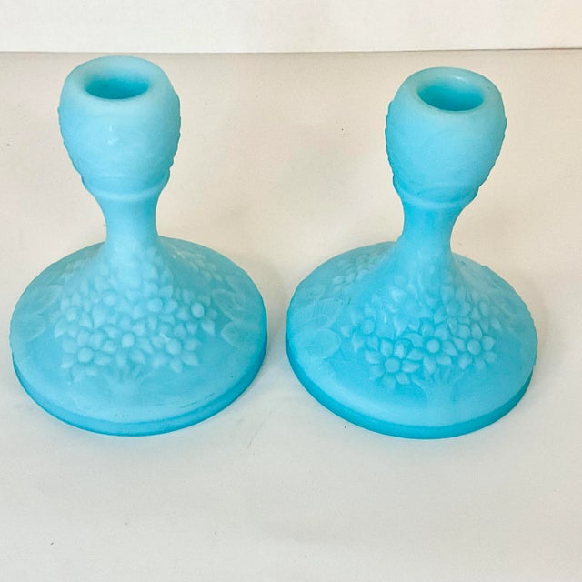 Glass 1970s Vintage Art Nouveau Americana Tiffany Blue Fenton Candle Holders - A Pair For Sale - Image 7 of 12