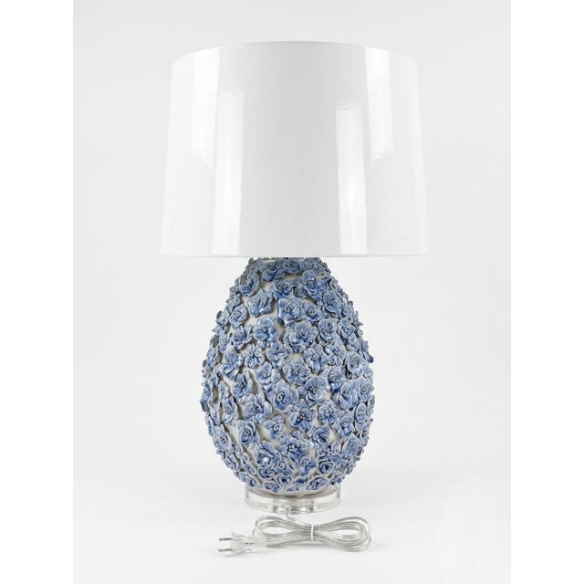 Italian Italian-Style Encrusted Blue Ceramic Floral Table Lamps - a Pair For Sale - Image 3 of 12