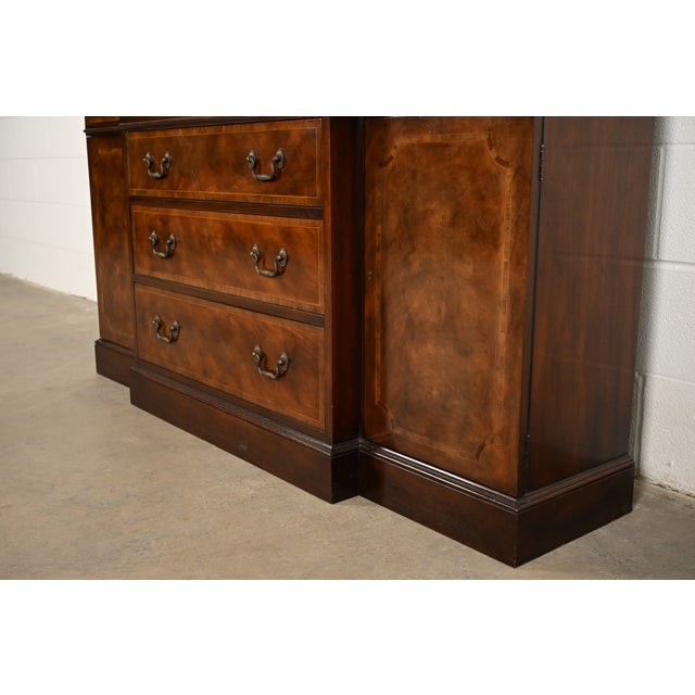 Baker Furniture Georgian Flame Mahogany Lighted Breakfront Bookcase Cabinet With Drop Front Secretary Desk, Circa 1960s For Sale - Image 13 of 17