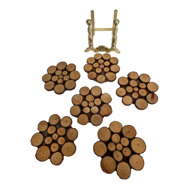 7 Piece Log Coaster Set W/Chrome Andirons, 7 Pieces For Sale