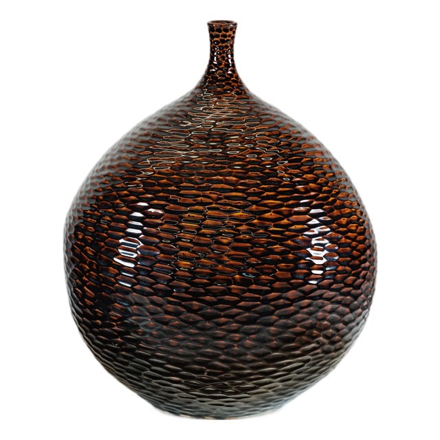 Large Artisan Ceramic Vase with Glossy Honeycomb Texture in Deep Brown Tones For Sale