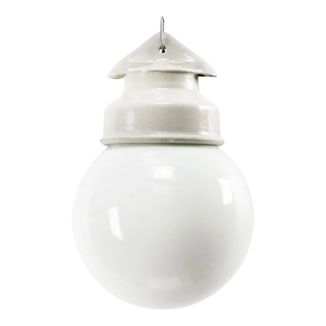 Vintage Industrial White Porcelain & Opaline Milk Glass Pendant Lamp For Sale