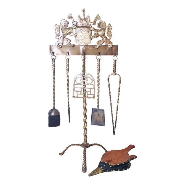 Historicist English Brass Fireplace Tools with Striding Lions, 1950s, Set of 6 For Sale
