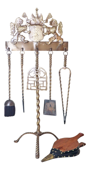 Historicist English Brass Fireplace Tools with Striding Lions, 1950s, Set of 6