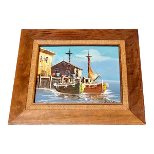 1980s Dillon "Fishing Boats at Dock" Original Oil Painting in Frame