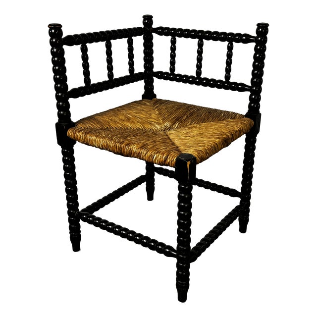 Antique Bobbin Oak and Rush Side Chair, 1900s For Sale