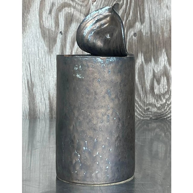 Abstract Expressionism Vintage Brutalist Sculptural Black Studio Pottery Vase For Sale - Image 3 of 13