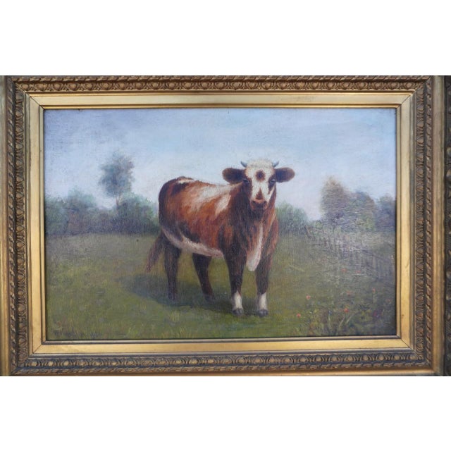What a charming and evocative painting this is. This Victorian-era animal portrait features a dignified Guernsey cow,...