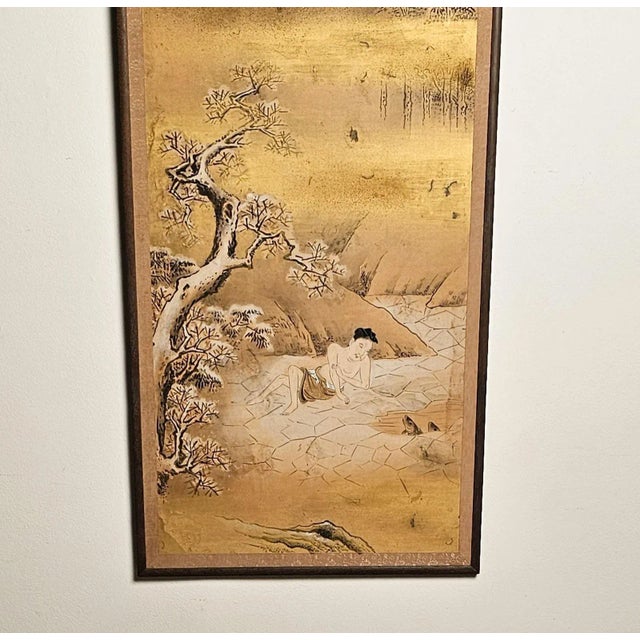 A large Meiji painting from the Kano school of a male figure bathing in a creek, Japan circa 1870. One of a series of six...