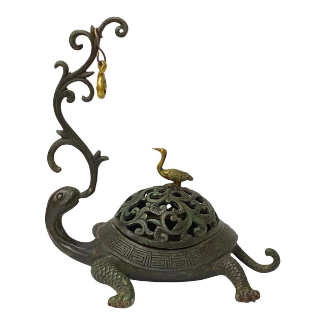 Chinese Brown Metal Turtle Fengshui Incense Holder Figure For Sale