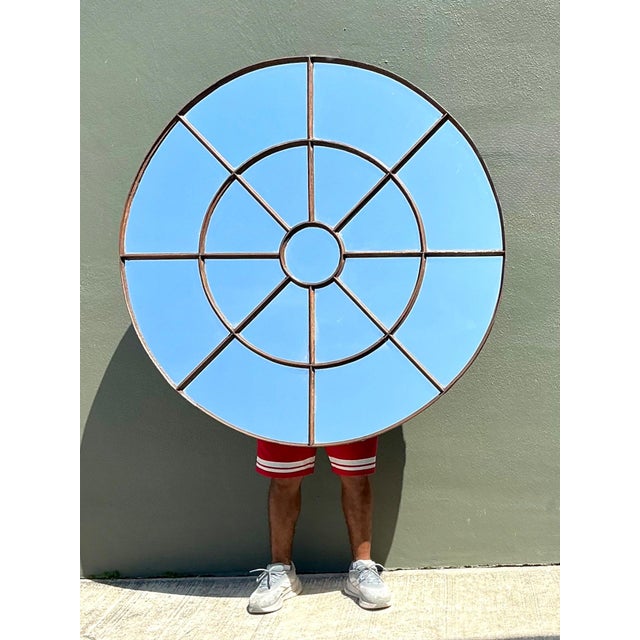Metal Vintage Round Wrought Iron Large Windowpane Mirror For Sale - Image 7 of 16