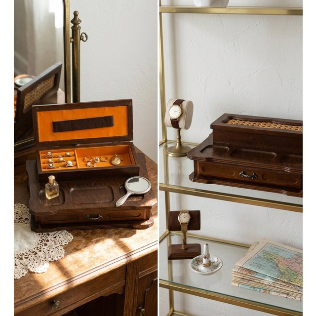 This handsome Mid-Century Modern valet jewelry box offers a stylish, dual-tier organization solution for a dresser,...