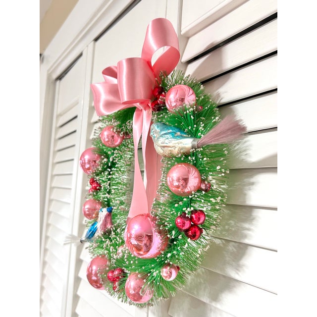 One-of-a-Kind Christmas Wreath With Vintage Mercury Glass Birds & Pink Ornaments For Sale In Louisville - Image 6 of 7