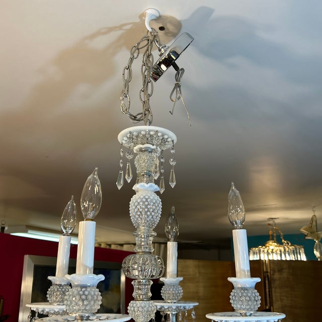 Crystal and White Glass Hobnail Chandelier For Sale - Image 10 of 11