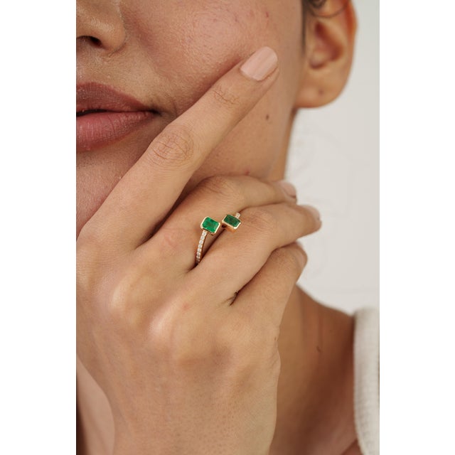 14k Gold Open Bypass Octagon Cut Emerald & Diamond Toi Et Moi Ring Size 5 For Sale - Image 4 of 17