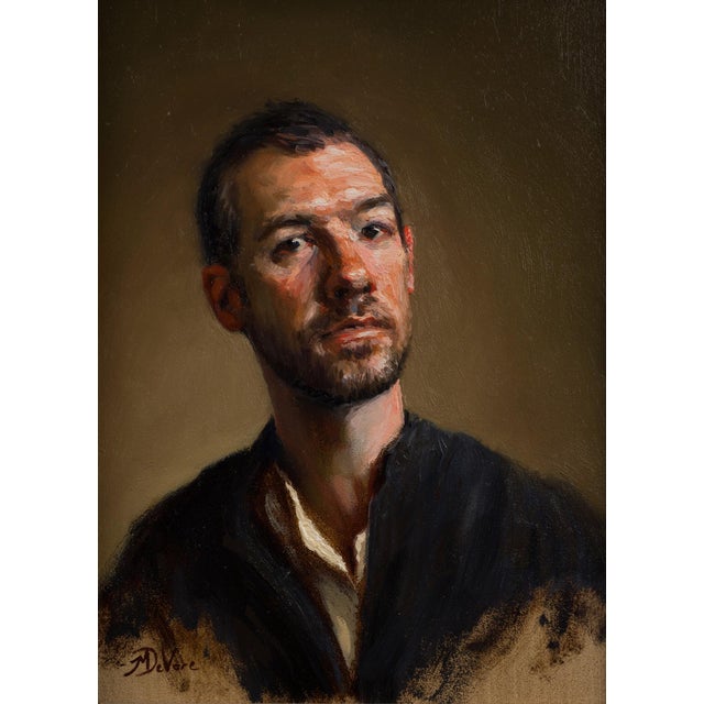 Self-Portrait by Michael DeVore | Oil on panel depicting a man looking directly at the viewer. For Sale