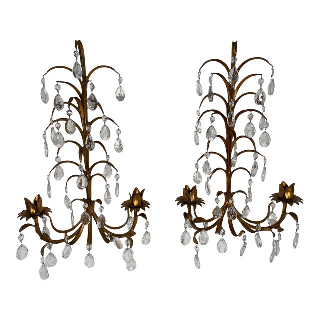 Vintage 19.5" Italian Tole and Crystals Candle Sconces - A Pair For Sale