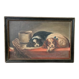 1920s Antique English Painting Depicting Two Cavalier King Charles Spaniels, Framed For Sale