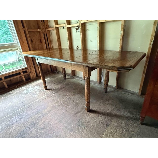 Vintage Solid Oak Wood Dining Table With Leaves For Sale - Image 13 of 13