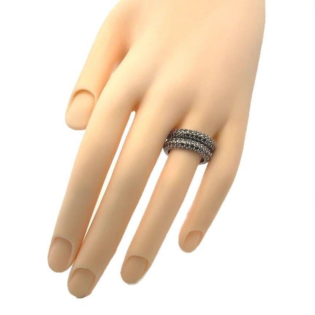 Contemporary Black Diamond 12k White Gold Estate Pave Set Double Band Ring Size 6 For Sale - Image 3 of 4
