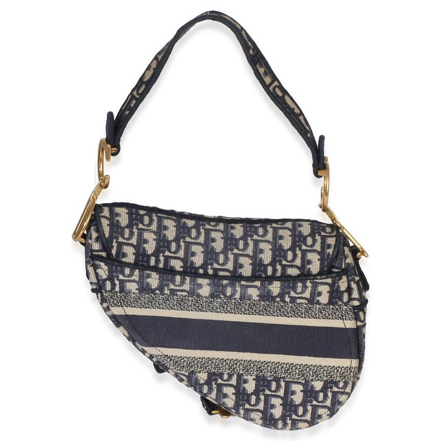 Christian Dior Blue Oblique Embroidered Medium Saddle Bag For Sale - Image 4 of 8
