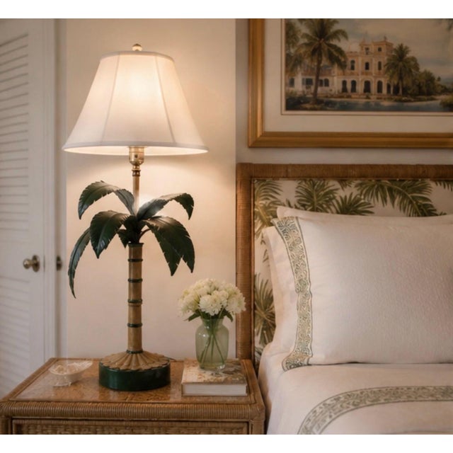 Metal Pair of Hollywood Regency Italian Tole Palm Tree Table Lamps For Sale - Image 7 of 12