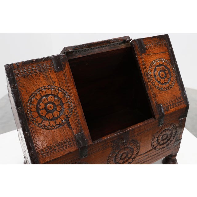Wood 18th Century Carved Wooden Coffer with Slanted Lid and Iron Mounts, France For Sale - Image 7 of 14