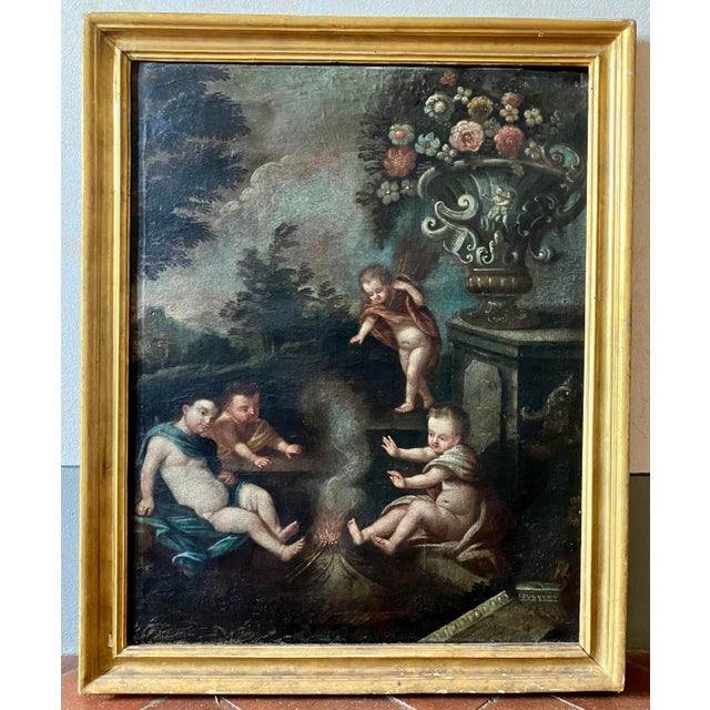 Italian School, 1600s, Allegory of Winter, Putti, Cherubs Still Life, 1800s, Oil on Canvas & Wood & Gold Leaf, Framed For Sale - Image 10 of 10