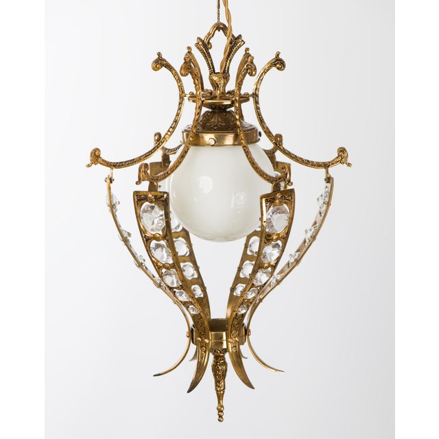 1950s Brass & Crystal Pendant Light With White Opal Globe Shade For Sale - Image 12 of 12